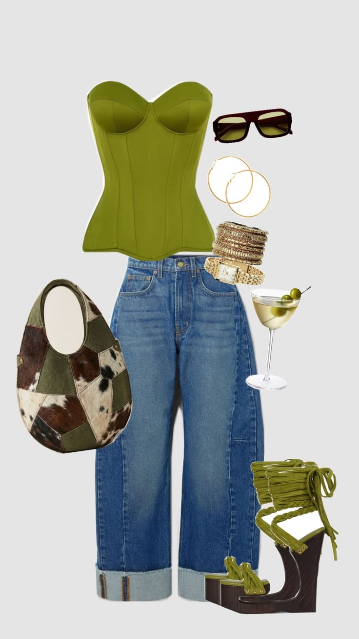 CEO-curated outfit flat-lay with an olive corset top, wide-leg cuffed jeans, patchwork cowhide bag, olive platform sandals, gold jewelry, sunglasses, and a martini glass