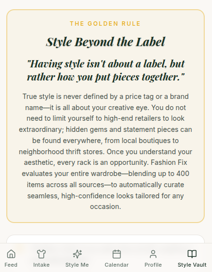 Fashion Fix app showing the Style Beyond the Label style philosophy card